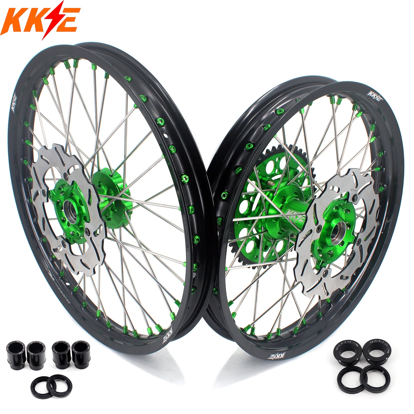 KKE 21/19 MX Wheels Rims Set Fit KAWASAKI KX250F 450F 2006-2014 KX125/250 Green Nipples