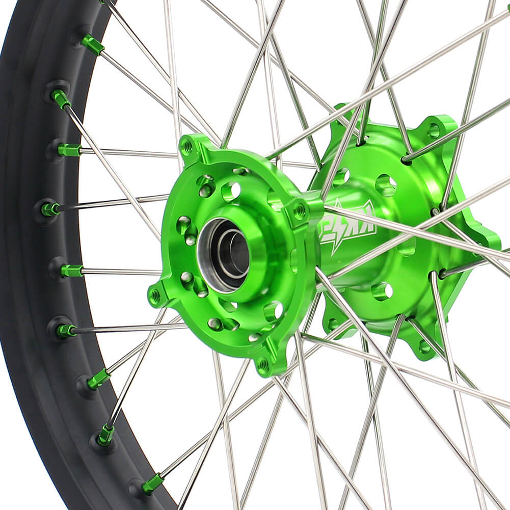 KKE 21/19 MX COMPLETE WHEELS RIMS SET FIT KAWASAKI KX125 KX250 KX250F KX450F DIRTBIKE GREEN CNC HUB & NIPPLE - KKE Racing