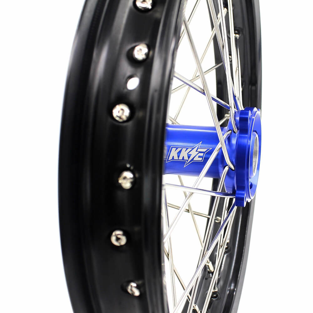 KKE 19/16 KID'S WHEELS RIMS SET FOR KAWASAKI KX80 1993-2000 KX85 2001-2015 BLUE CNC HUBS BLACK ALUMINUM RIMS - KKE Racing