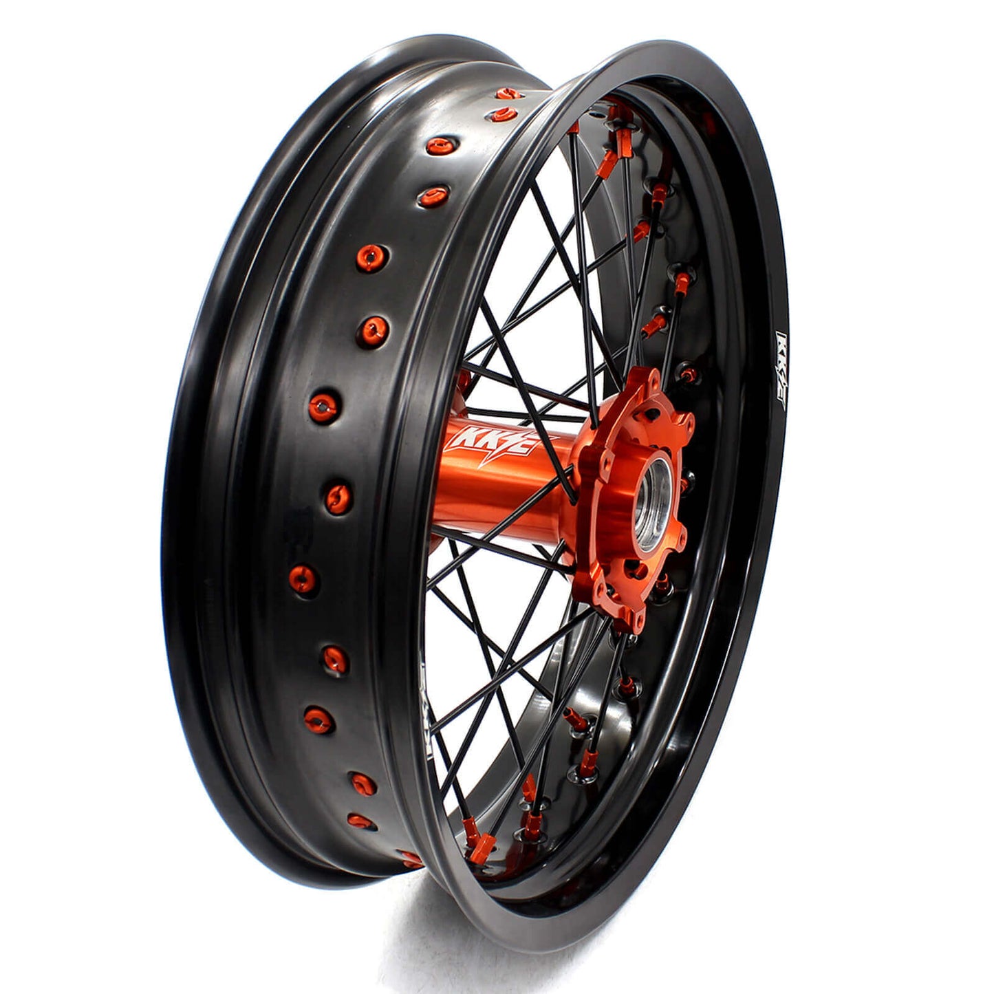 KKE 3.5/4.25 CNC SUPERMOTO WHEELS SET FOR KTM 125-530 2003-2019 ORANGE NIPPLE BLACK SPOKE - KKE Racing