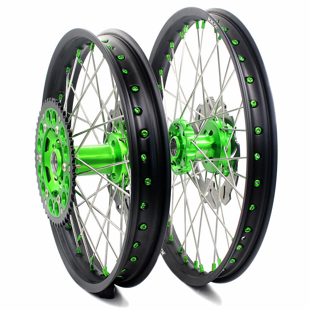 KKE 21/19 MX COMPLETE WHEELS RIMS SET FIT KAWASAKI KX125 KX250 KX250F KX450F DIRTBIKE GREEN CNC HUB & NIPPLE - KKE Racing