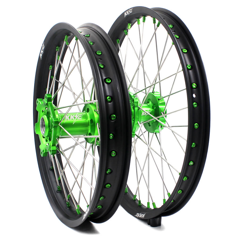 KKE 21/19 MX COMPLETE WHEELS RIMS SET FIT KAWASAKI KX125 KX250 KX250F KX450F DIRTBIKE GREEN CNC HUB & NIPPLE - KKE Racing