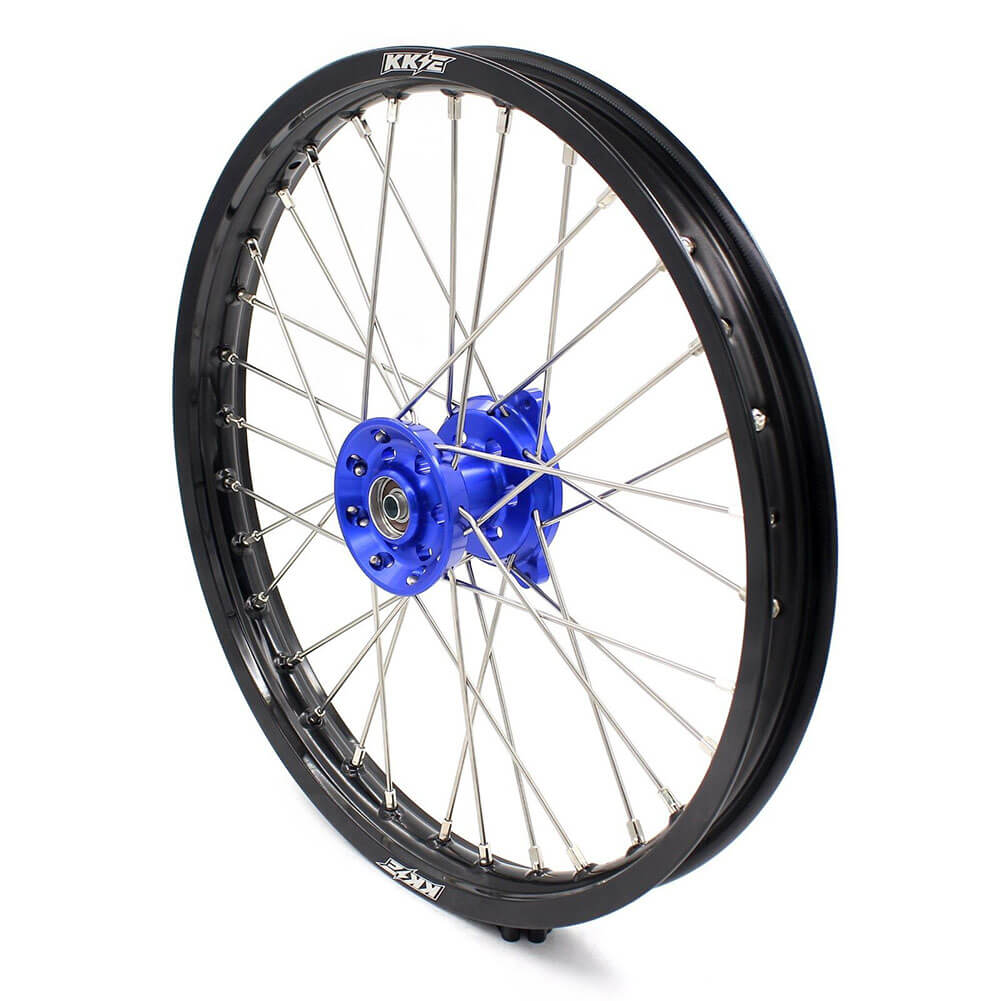 KKE 19/16 KID'S WHEELS RIMS SET FOR KAWASAKI KX80 1993-2000 KX85 2001-2015 BLUE CNC HUBS BLACK ALUMINUM RIMS - KKE Racing