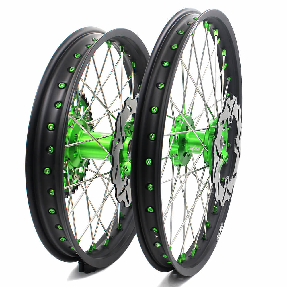 KKE 21/19 MX COMPLETE WHEELS RIMS SET FIT KAWASAKI KX125 KX250 KX250F KX450F DIRTBIKE GREEN CNC HUB & NIPPLE - KKE Racing