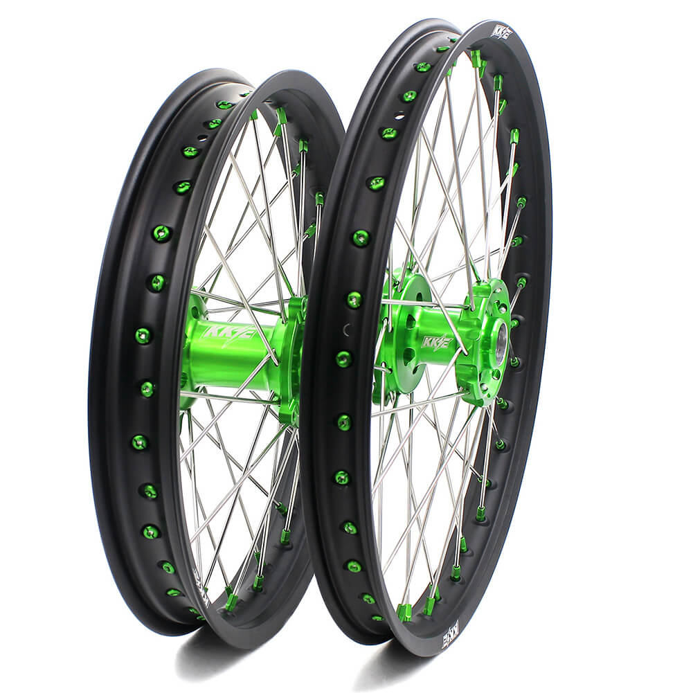 KKE 21/19 MX COMPLETE WHEELS RIMS SET FIT KAWASAKI KX125 KX250 KX250F KX450F DIRTBIKE GREEN CNC HUB & NIPPLE - KKE Racing