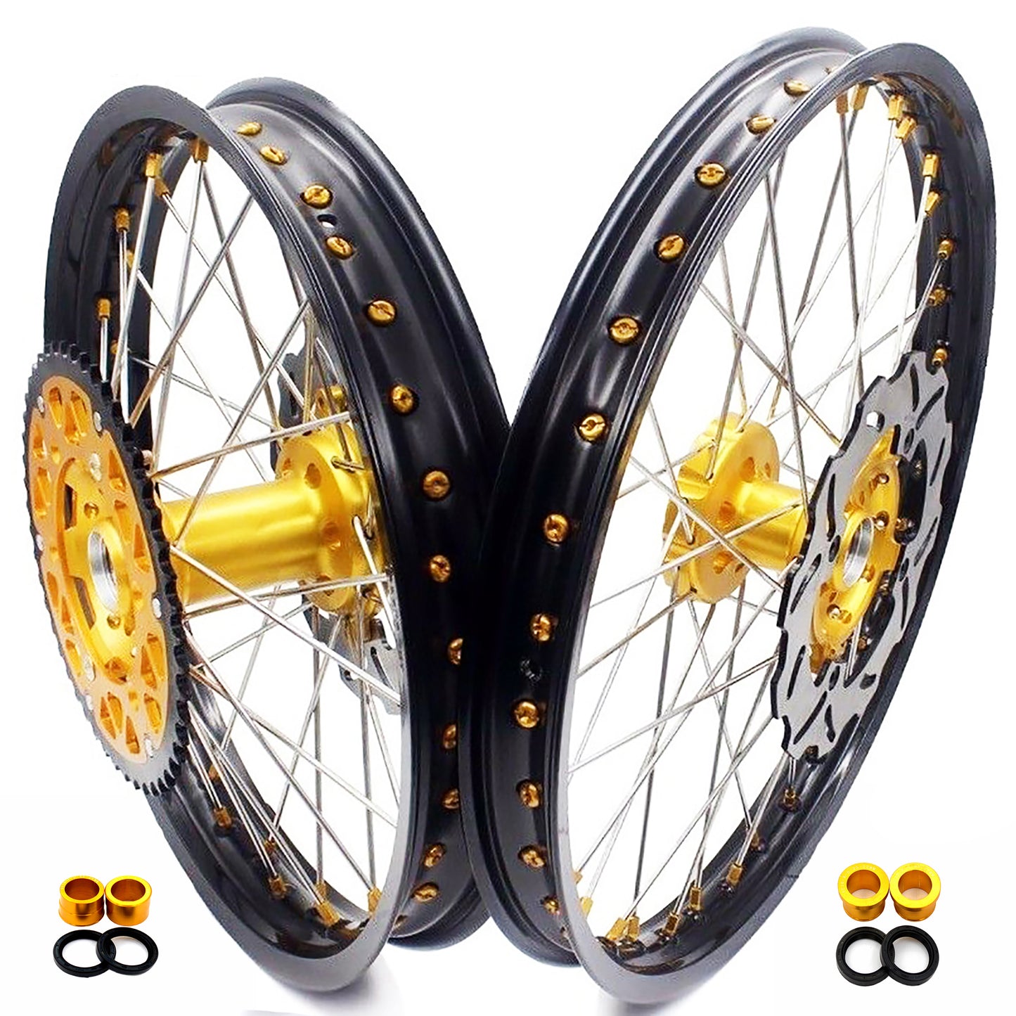 KKE 21 & 19 MX wheels rims set for Suzuki rmz250 07-19 rmz450 05-19 gold nipple silver spoke - KKE Racing