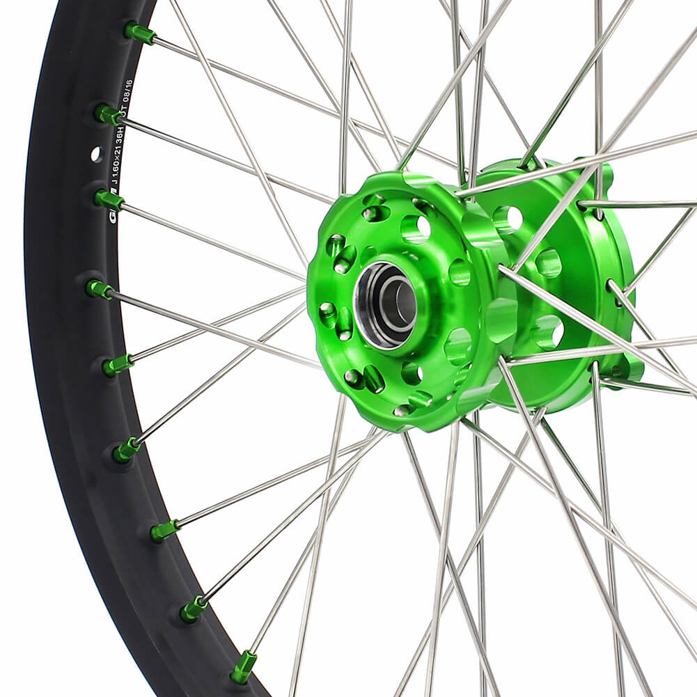 KKE 21/19 MX COMPLETE WHEELS RIMS SET FIT KAWASAKI KX125 KX250 KX250F KX450F DIRTBIKE GREEN CNC HUB & NIPPLE - KKE Racing