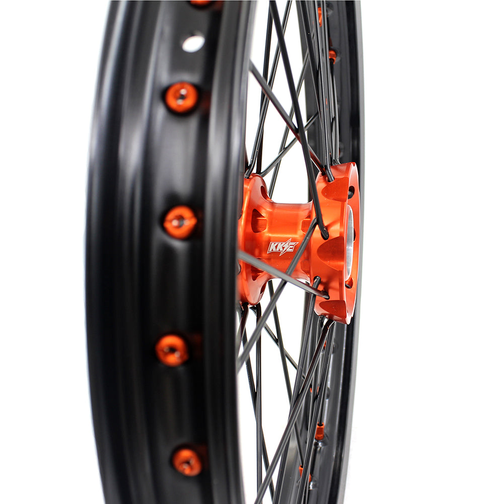 KKE 17/14 Spoked Kid's Small Wheels For KTM SX85 2021-2024 Orange Nipples & Black Spokes