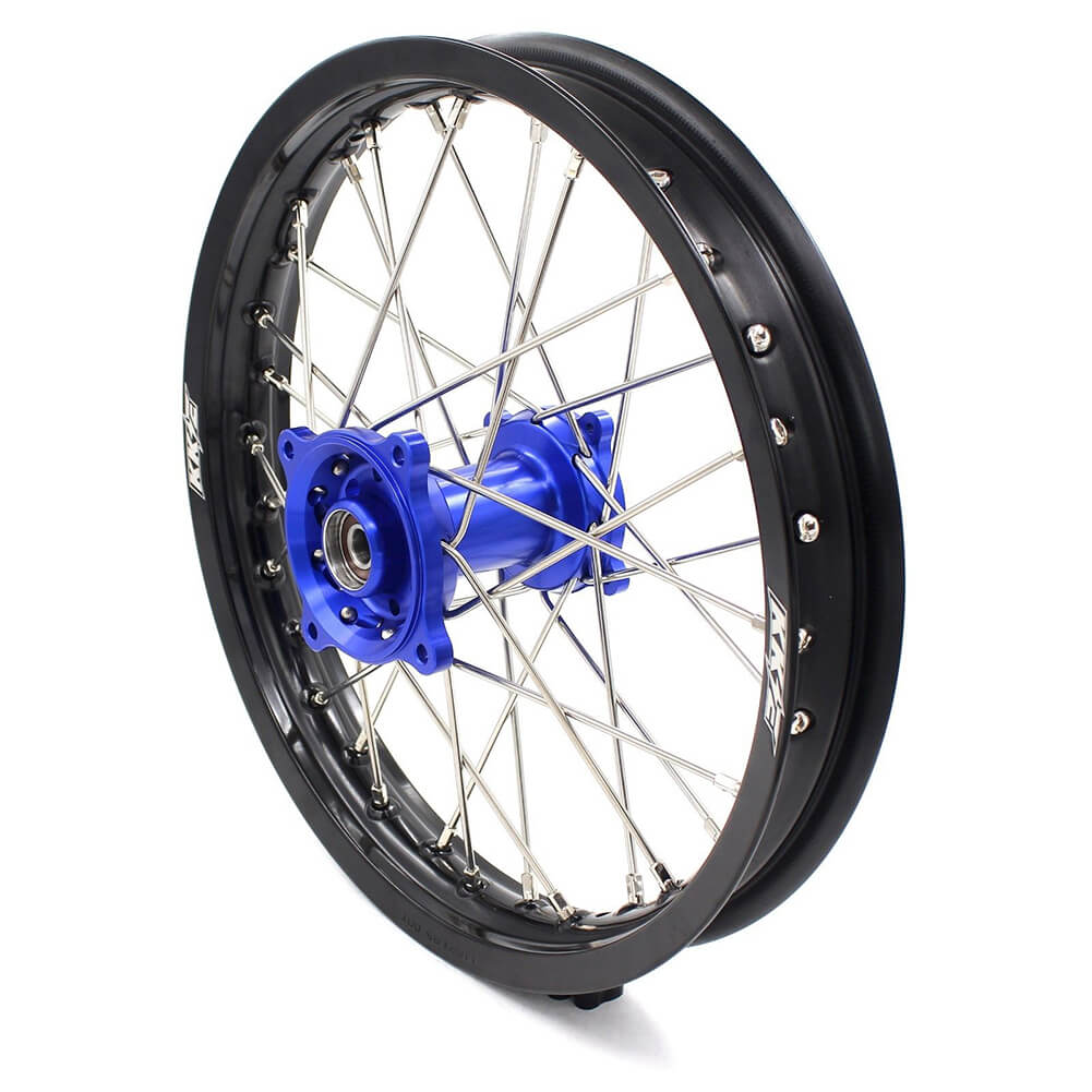 KKE 19/16 KID'S WHEELS RIMS SET FOR KAWASAKI KX80 1993-2000 KX85 2001-2015 BLUE CNC HUBS BLACK ALUMINUM RIMS - KKE Racing