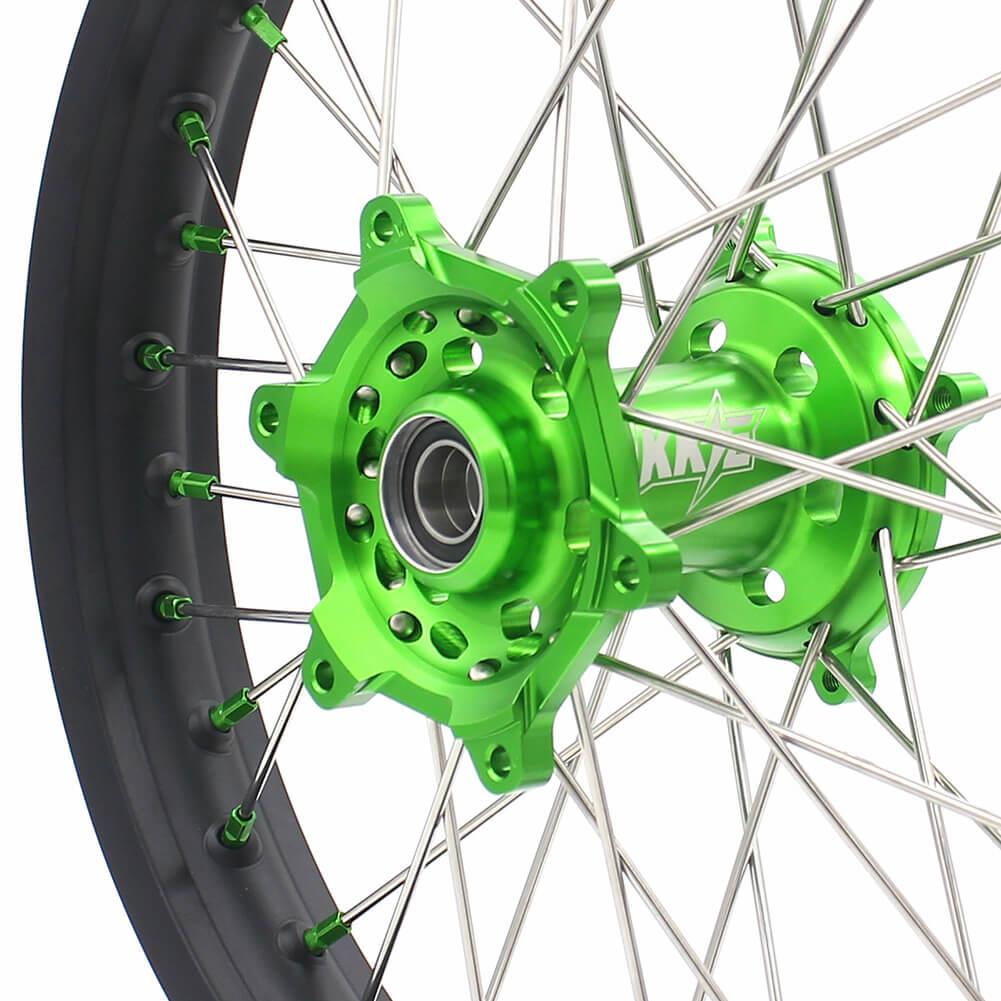 KKE 21/19 MX COMPLETE WHEELS RIMS SET FIT KAWASAKI KX125 KX250 KX250F KX450F DIRTBIKE GREEN CNC HUB & NIPPLE - KKE Racing