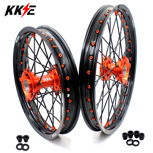 KKE 17/14 Spoked Kid's Small Wheels For KTM SX85 2021-2024 Orange Nipples & Black Spokes