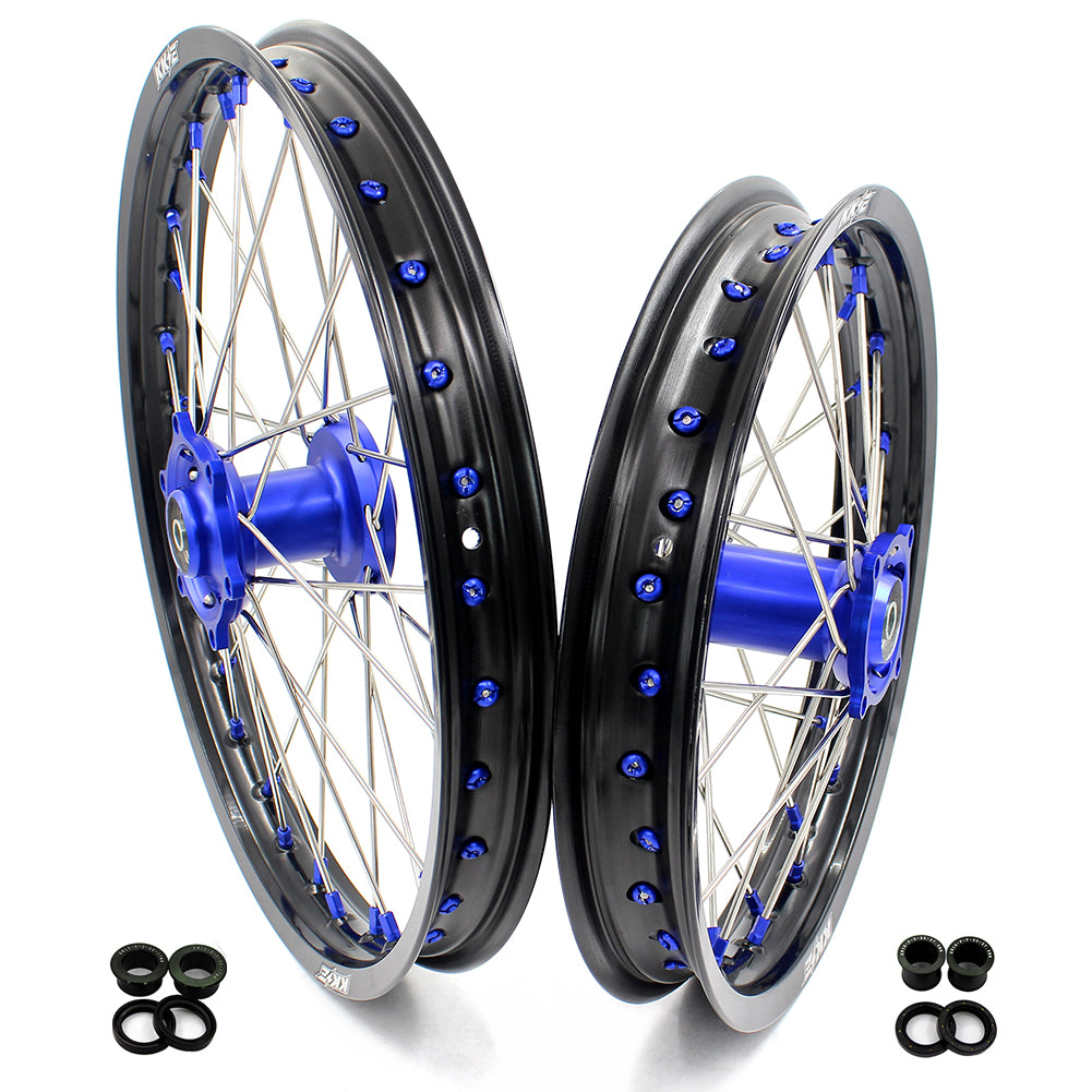 KKE 19/16 BIG SPOKED WHEELS RIMS SET FOR KAWASAKI KX80 1993-2000 KX85 2001-2015 BLUE NIPPLE BLACK SPOKE - KKE Racing