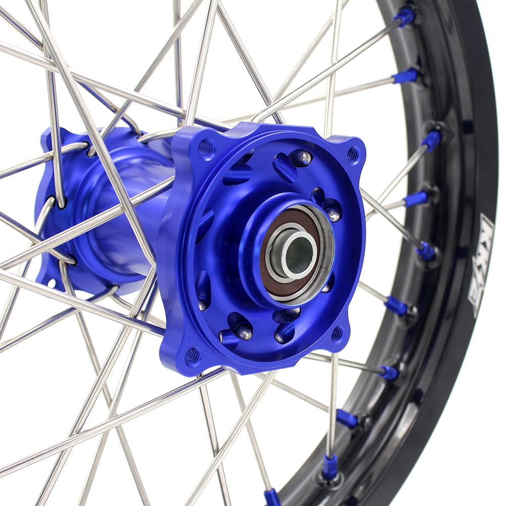 KKE 19/16 BIG SPOKED WHEELS RIMS SET FOR KAWASAKI KX80 1993-2000 KX85 2001-2015 BLUE NIPPLE BLACK SPOKE - KKE Racing