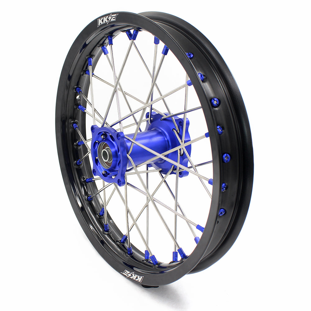 KKE 19/16 BIG SPOKED WHEELS RIMS SET FOR KAWASAKI KX80 1993-2000 KX85 2001-2015 BLUE NIPPLE BLACK SPOKE - KKE Racing