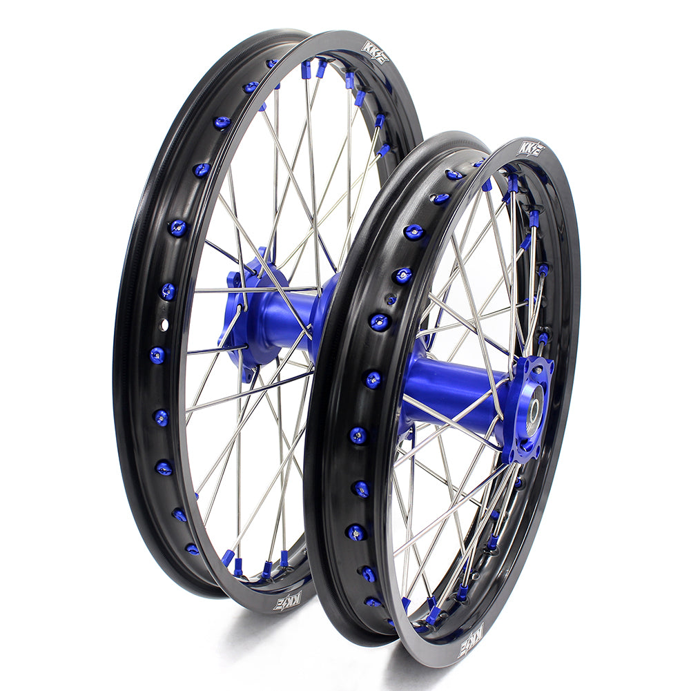 KKE 19/16 BIG SPOKED WHEELS RIMS SET FOR KAWASAKI KX80 1993-2000 KX85 2001-2015 BLUE NIPPLE BLACK SPOKE - KKE Racing