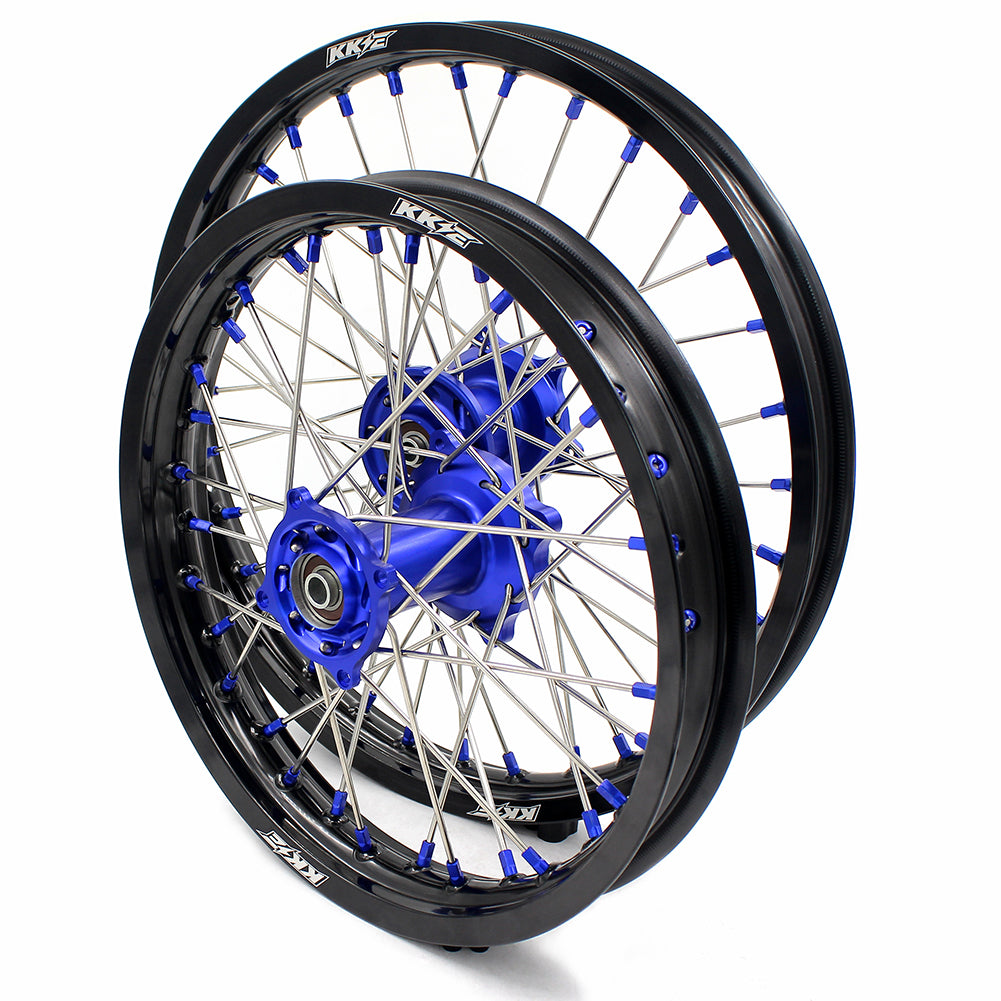 KKE 19/16 BIG SPOKED WHEELS RIMS SET FOR KAWASAKI KX80 1993-2000 KX85 2001-2015 BLUE NIPPLE BLACK SPOKE - KKE Racing