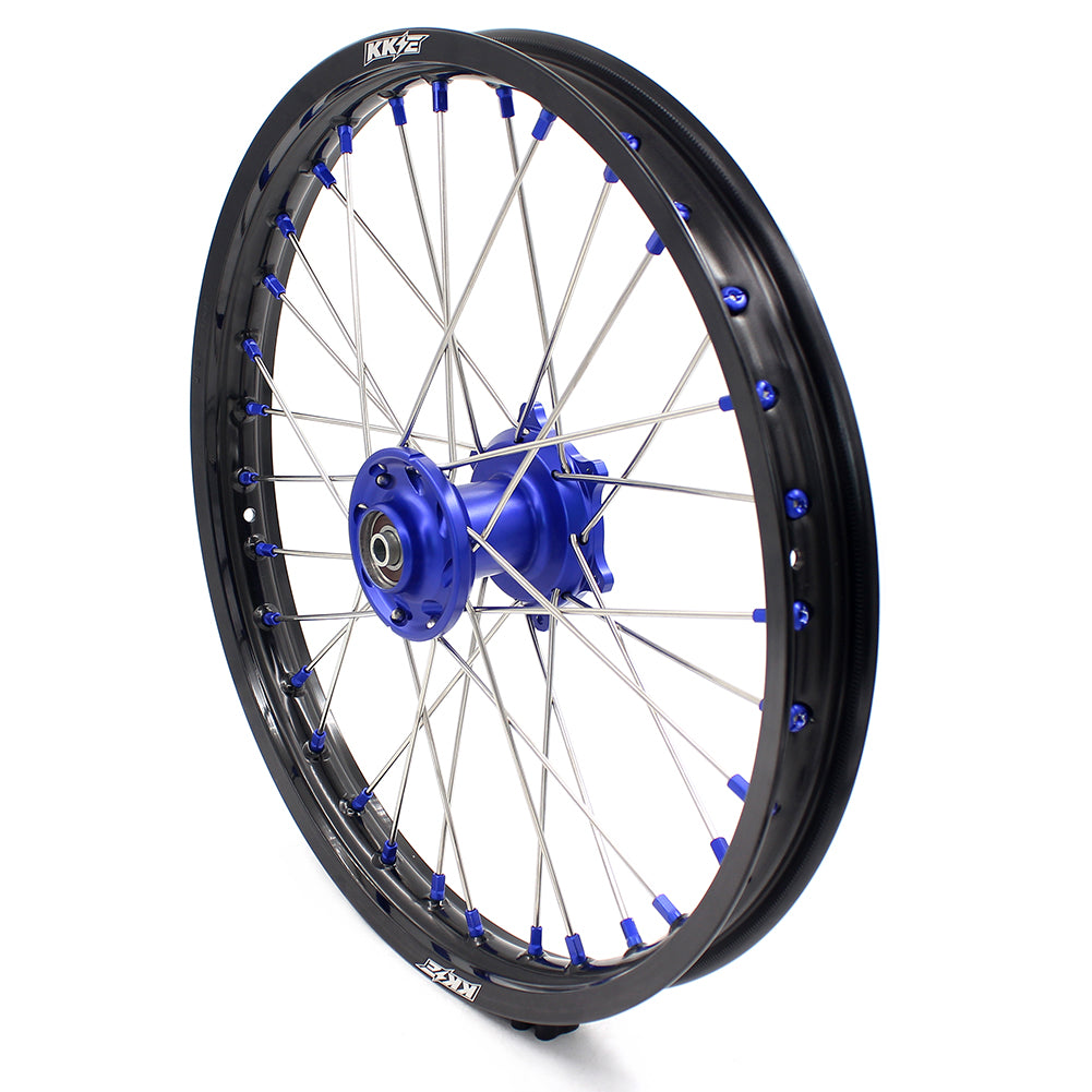 KKE 19/16 BIG SPOKED WHEELS RIMS SET FOR KAWASAKI KX80 1993-2000 KX85 2001-2015 BLUE NIPPLE BLACK SPOKE - KKE Racing