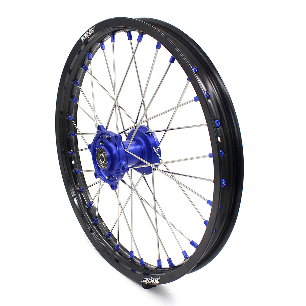KKE 19/16 BIG SPOKED WHEELS RIMS SET FOR KAWASAKI KX80 1993-2000 KX85 2001-2015 BLUE NIPPLE BLACK SPOKE - KKE Racing