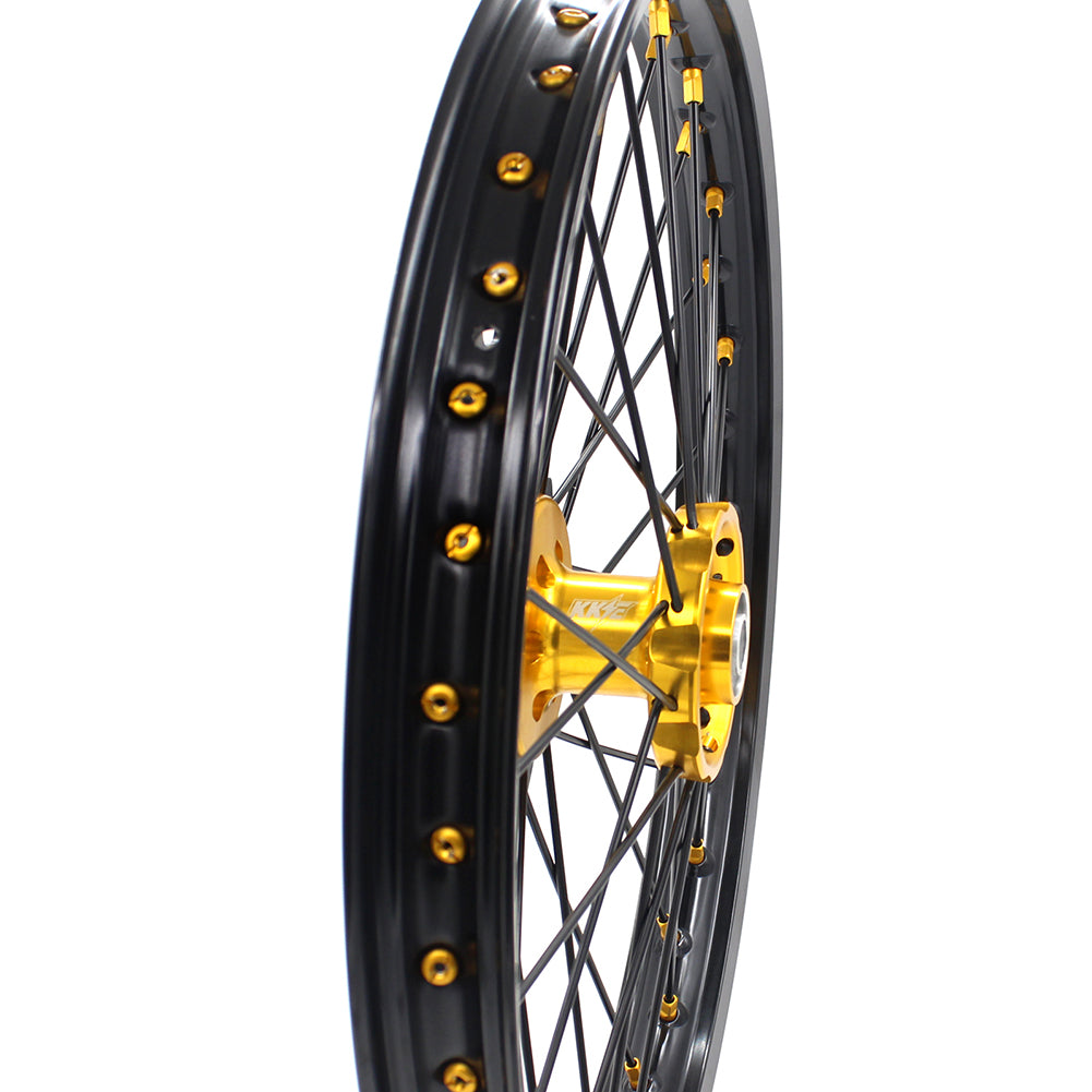 KKE 21/18 CNC ENDURO WHEELS RIMS SET FOR SUZUKI RM125 1996-2007 RM250 1996-2008 GOLD NIPPLE BLACK SPOKE - KKE Racing