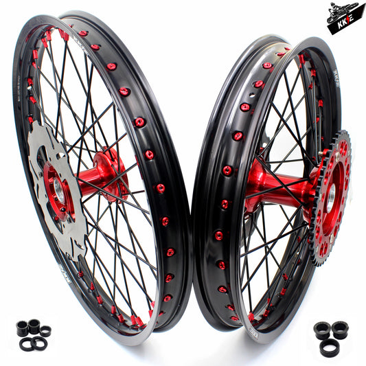 KKE 21 & 19 Casting Spoked MX Wheels Rims Set for Honda CR125R CR250R 2002-2012 Red Nipple Black Spoke Discs
