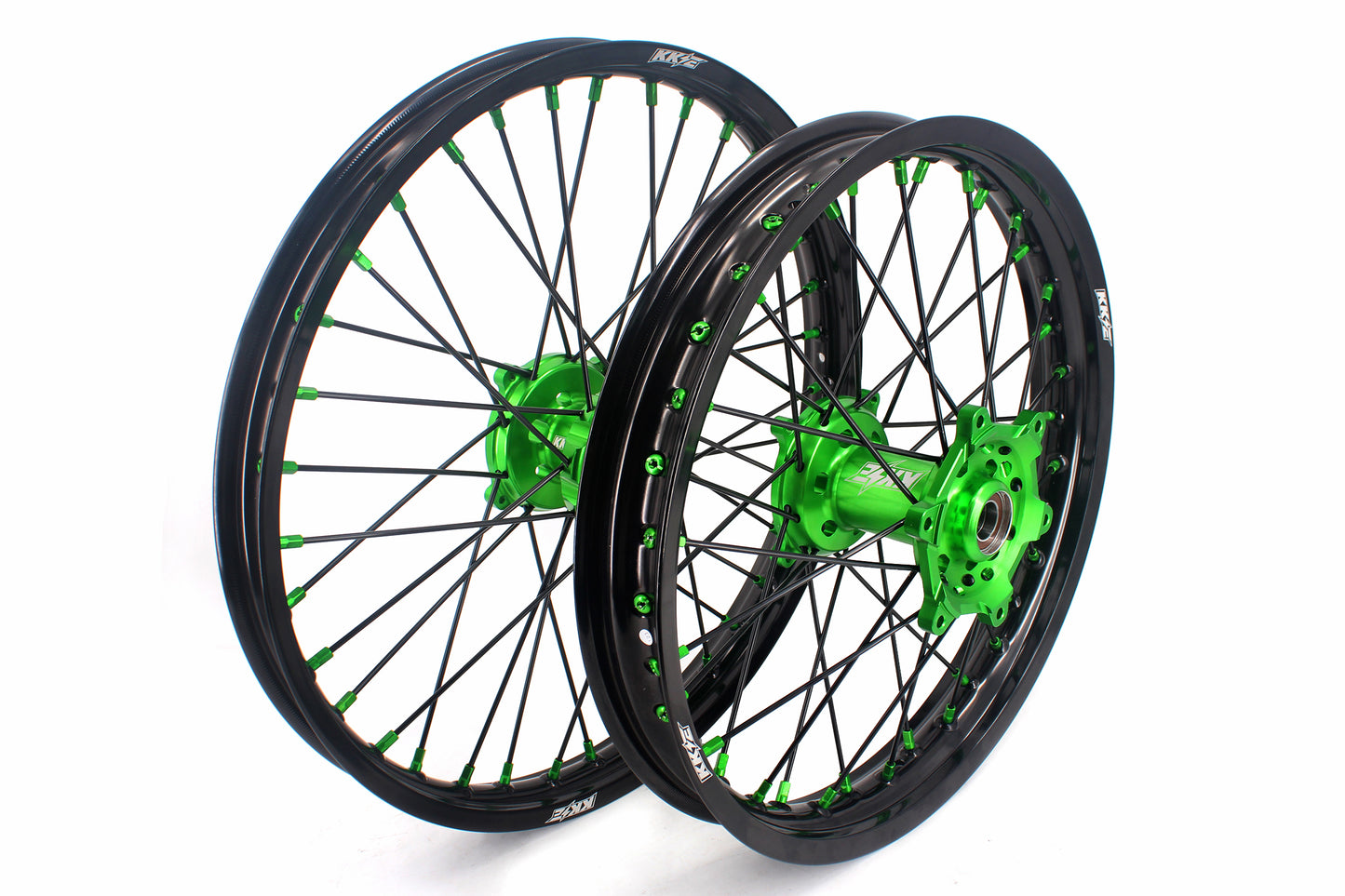 KKE 1.6*21 & 2.15*19 Wheels Rims Fit Kawasaki KX450 2019-2023 KX450X 2021-2023 Green Nipples & Black Spokes