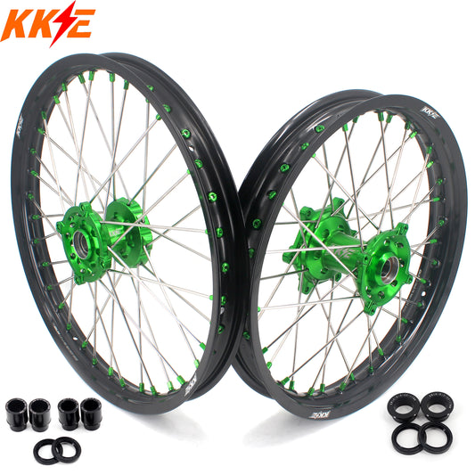 KKE 1.6*21 & 2.15*19 Wheels Rims Fit Kawasaki KX450 2019-2023 KX450X 2021-2023 Green Nipples