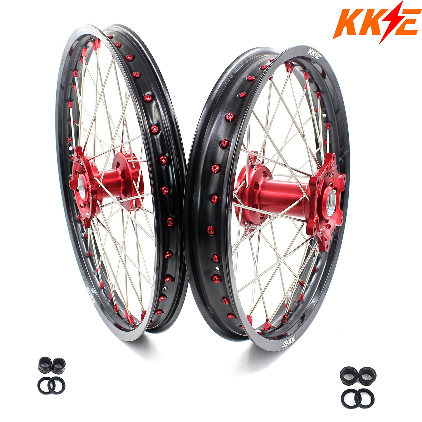 KKE 21 & 19 Wheels for Suzuki RMZ250 2007-2024 RMZ450 2005-2024 Red Nipples
