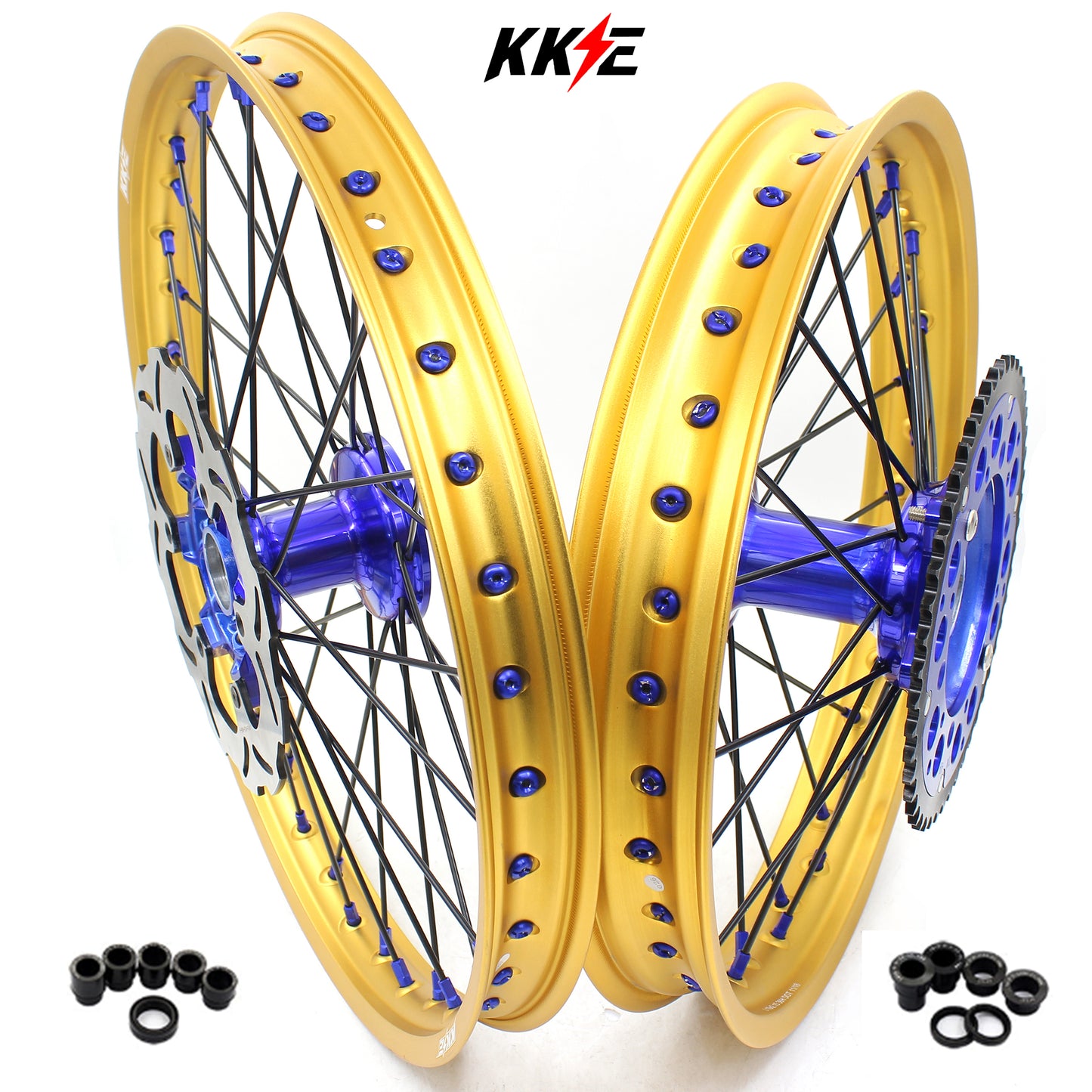 KKE 21"&19" Mx Dirtbike Cast Wheels For YAMAHA YZ125 YZ250 1999-2016 YZ250F YZ450F 2003-2015 Gold Rim Black Spokes With Disc