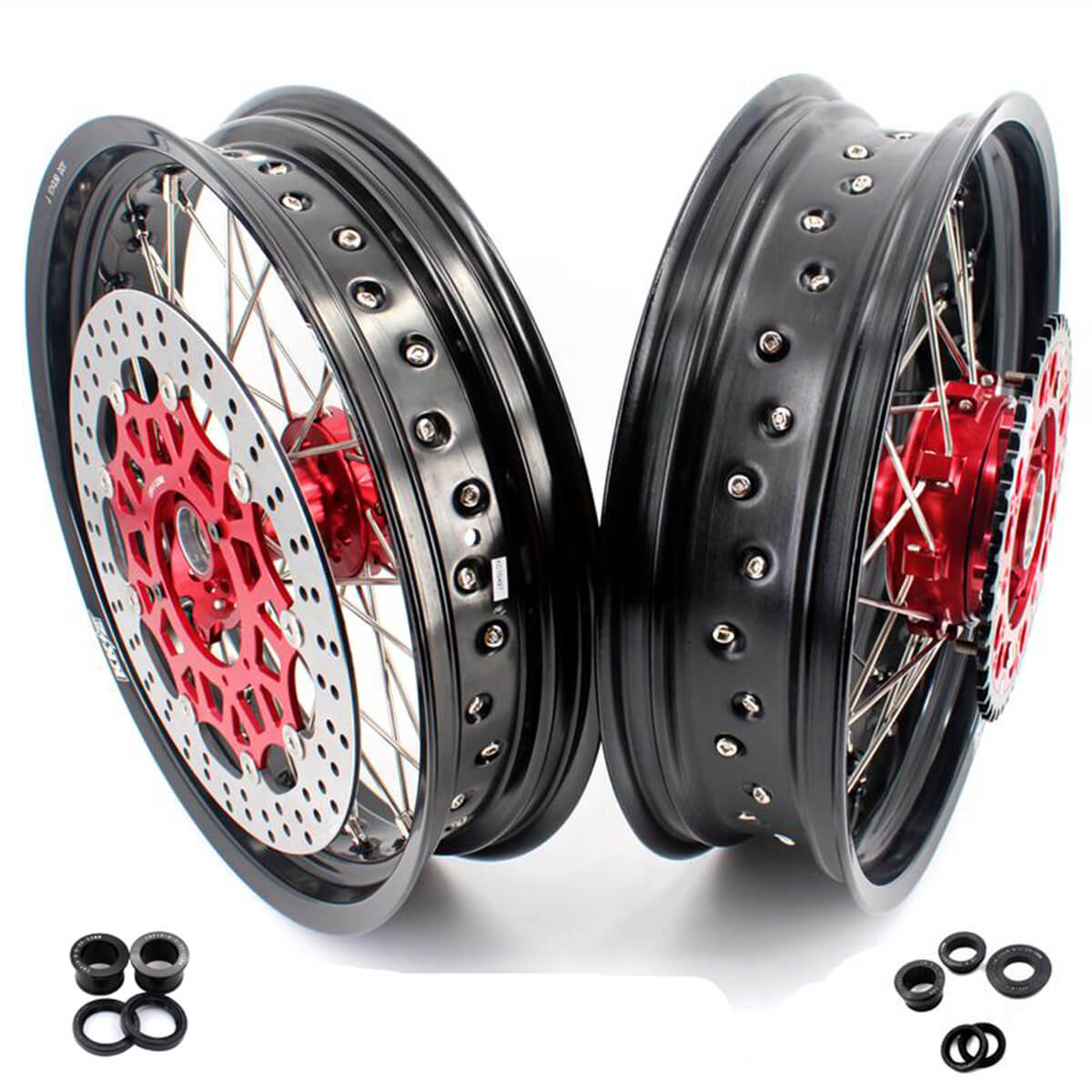 KKE 3.5/4.25 CUSH DRIVE SUPERMOTO WHEELS SET FOR HONDA XR650L 1993-2018 RED SPROCKET - KKE Racing