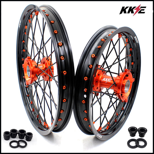 KKE 19"*1.6/16"*1.85 Big Kid's Wheels Rims Set For KTM SX85 2021 2022 2023 2024 Orange Nipples & Black Spokes