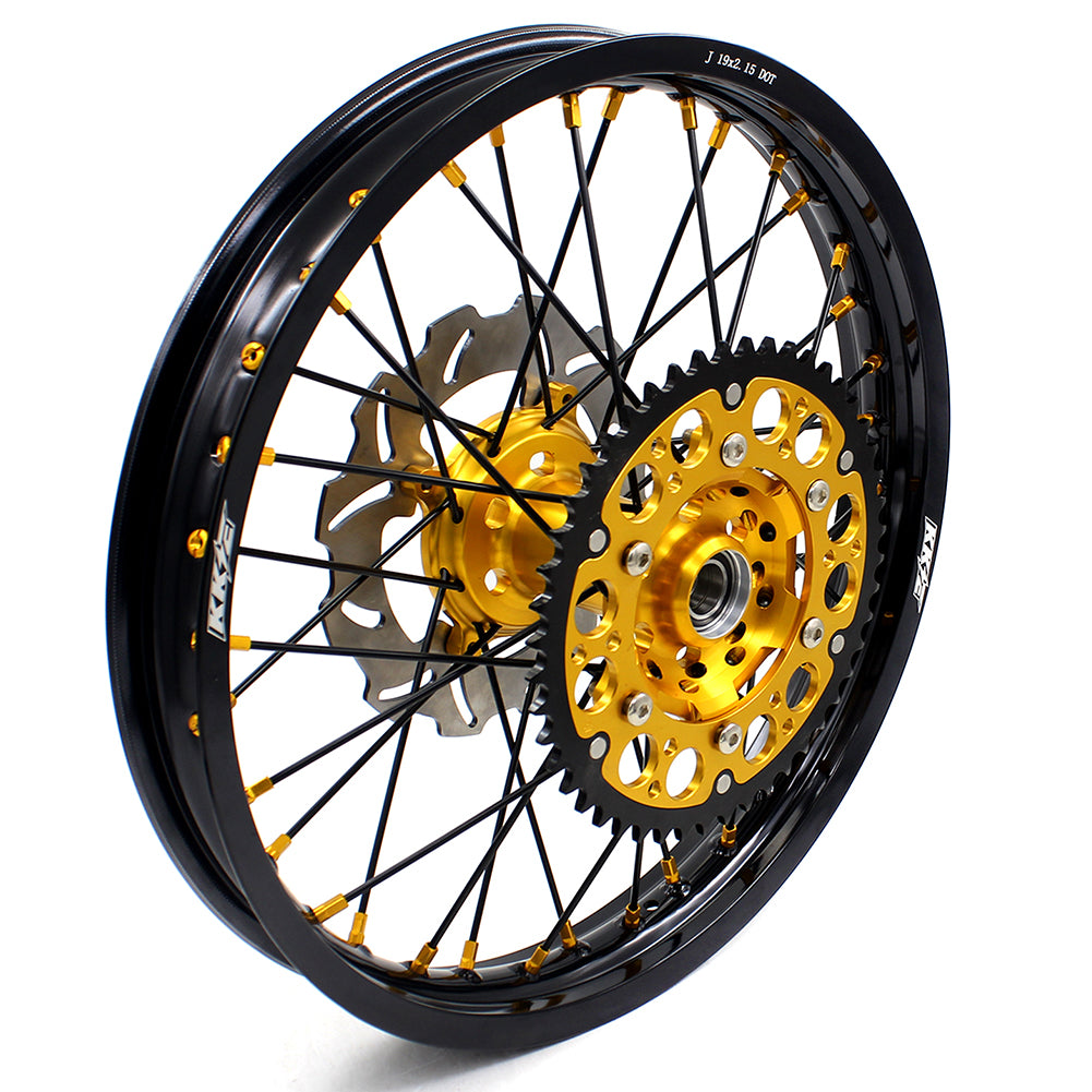 KKE FRONT 1.6*21 REAR 2.15*19 MX WHEELS RIMS SET FOR SUZUKI RMZ250 07-19 RMZ450 05-19 GOLD NIPPLE BLACK SPOKE - KKE Racing