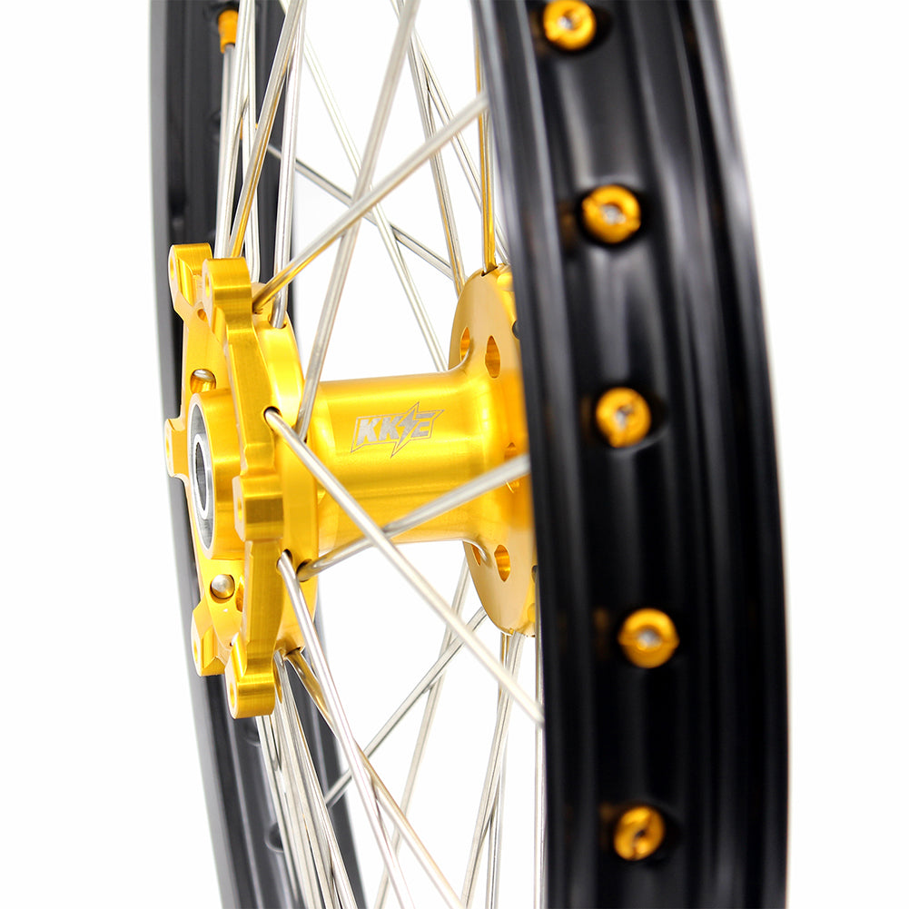 KKE FRONT 1.6*21 INCH REAR 2.15*18 INCH ENDURO WHEELS SET FOR SUZUKI DRZ400 00-04 DRZ400E 00-07 DRZ400S 00-18 GOLD NIPPLE BLACK SPOKE - KKE Racing