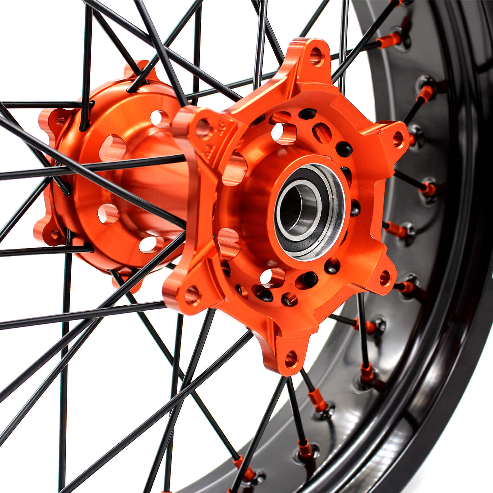 KKE 3.5/4.25 CNC SUPERMOTO WHEELS SET FOR KTM 125-530 2003-2019 ORANGE NIPPLE BLACK SPOKE - KKE Racing
