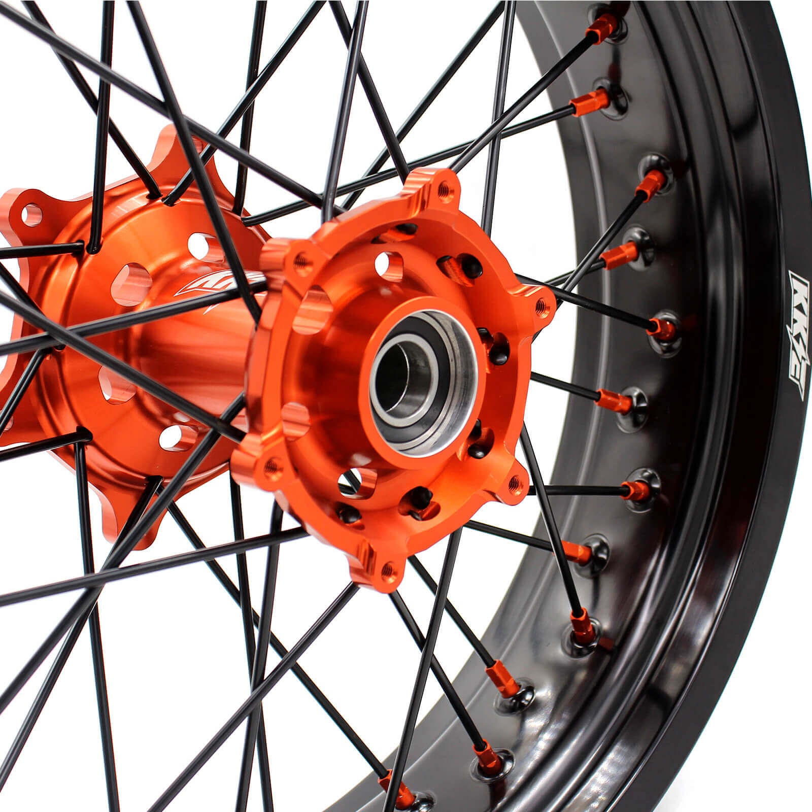 KKE 3.5/4.25 CNC SUPERMOTO WHEELS SET FOR KTM 125-530 2003-2019 ORANGE NIPPLE BLACK SPOKE - KKE Racing