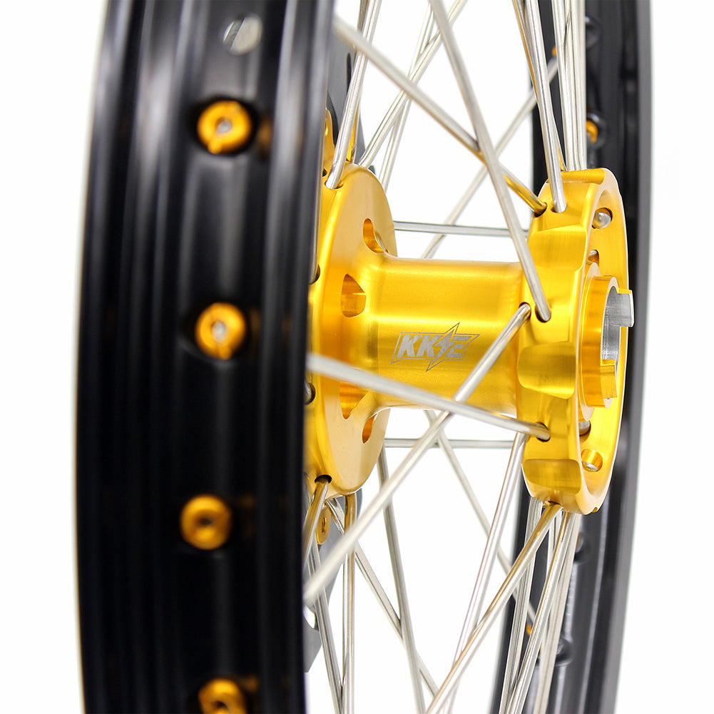 KKE FRONT 1.6*21 INCH REAR 2.15*18 INCH ENDURO WHEELS SET FOR SUZUKI DRZ400 00-04 DRZ400E 00-07 DRZ400S 00-18 GOLD NIPPLE BLACK SPOKE - KKE Racing