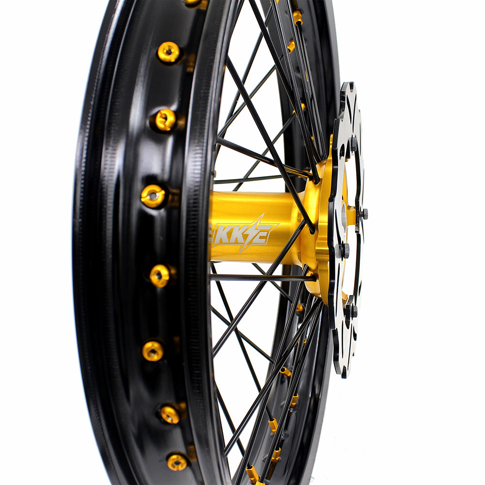 KKE FRONT 1.6*21 REAR 2.15*19 MX WHEELS RIMS SET FOR SUZUKI RMZ250 07-19 RMZ450 05-19 GOLD NIPPLE BLACK SPOKE - KKE Racing
