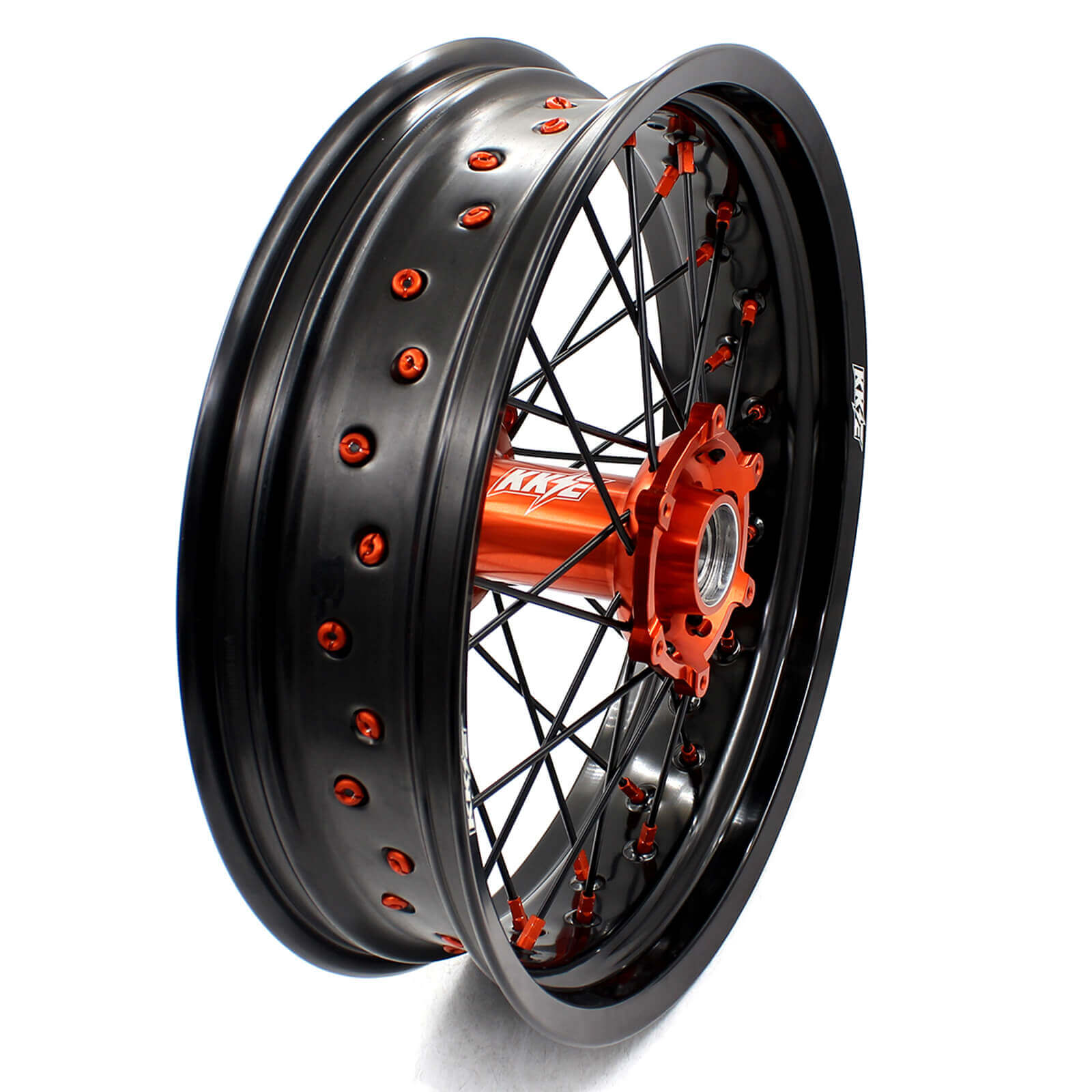 KKE 3.5/4.25 CNC SUPERMOTO WHEELS SET FOR KTM 125-530 2003-2019 ORANGE NIPPLE BLACK SPOKE - KKE Racing