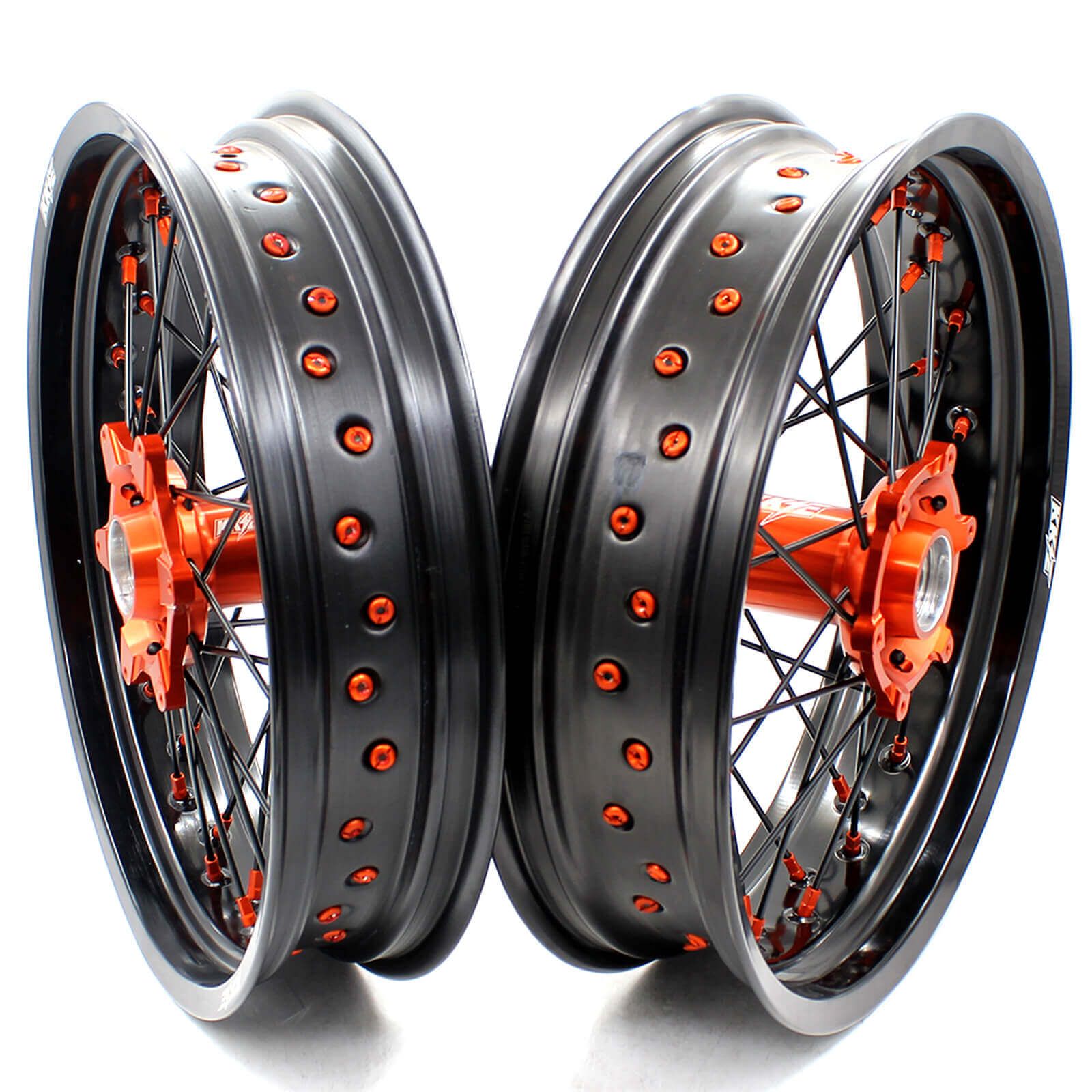 KKE 3.5/4.25 CNC SUPERMOTO WHEELS SET FOR KTM 125-530 2003-2019 ORANGE NIPPLE BLACK SPOKE - KKE Racing