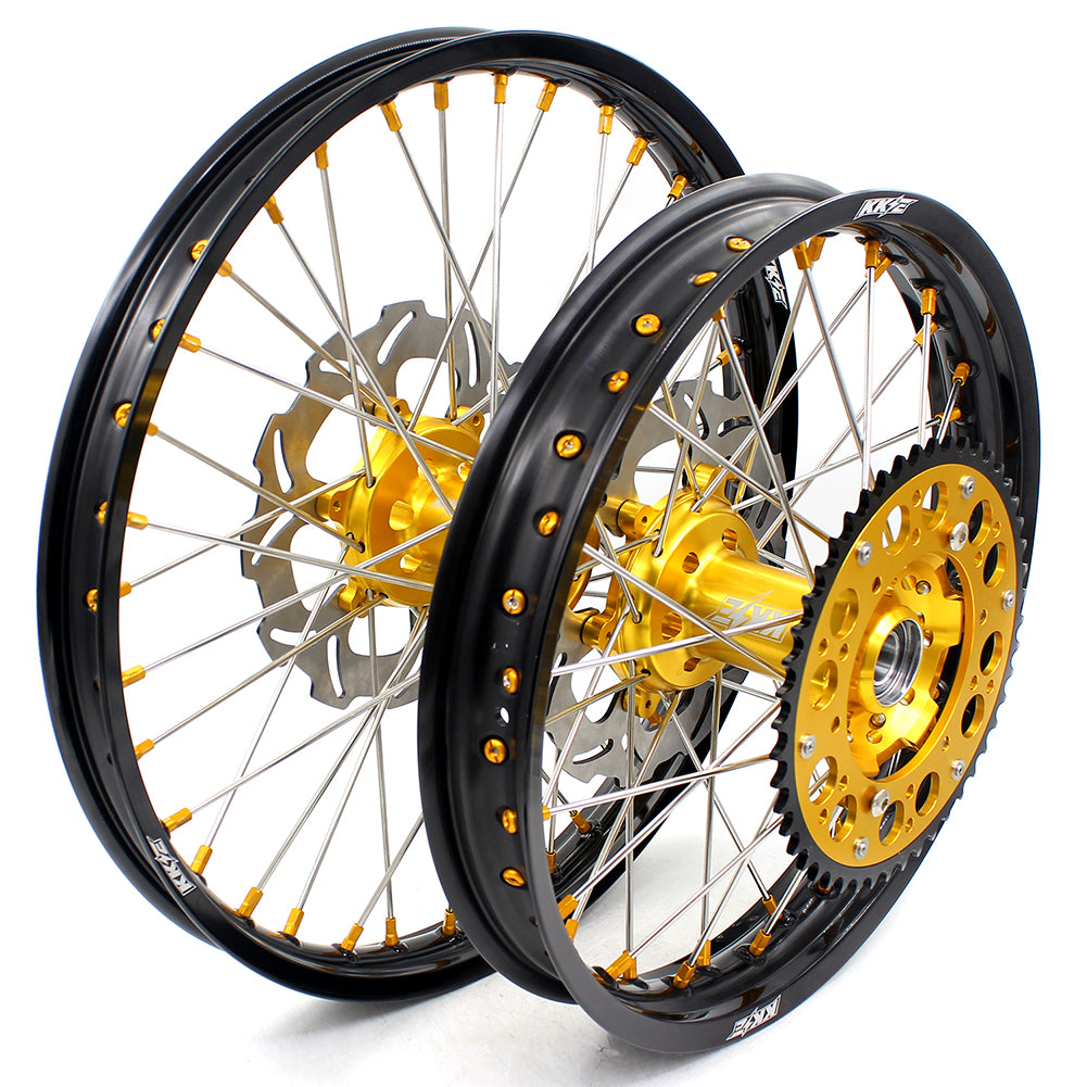 KKE FRONT 1.6*21 INCH REAR 2.15*18 INCH ENDURO WHEELS SET FOR SUZUKI DRZ400 00-04 DRZ400E 00-07 DRZ400S 00-18 GOLD NIPPLE BLACK SPOKE - KKE Racing
