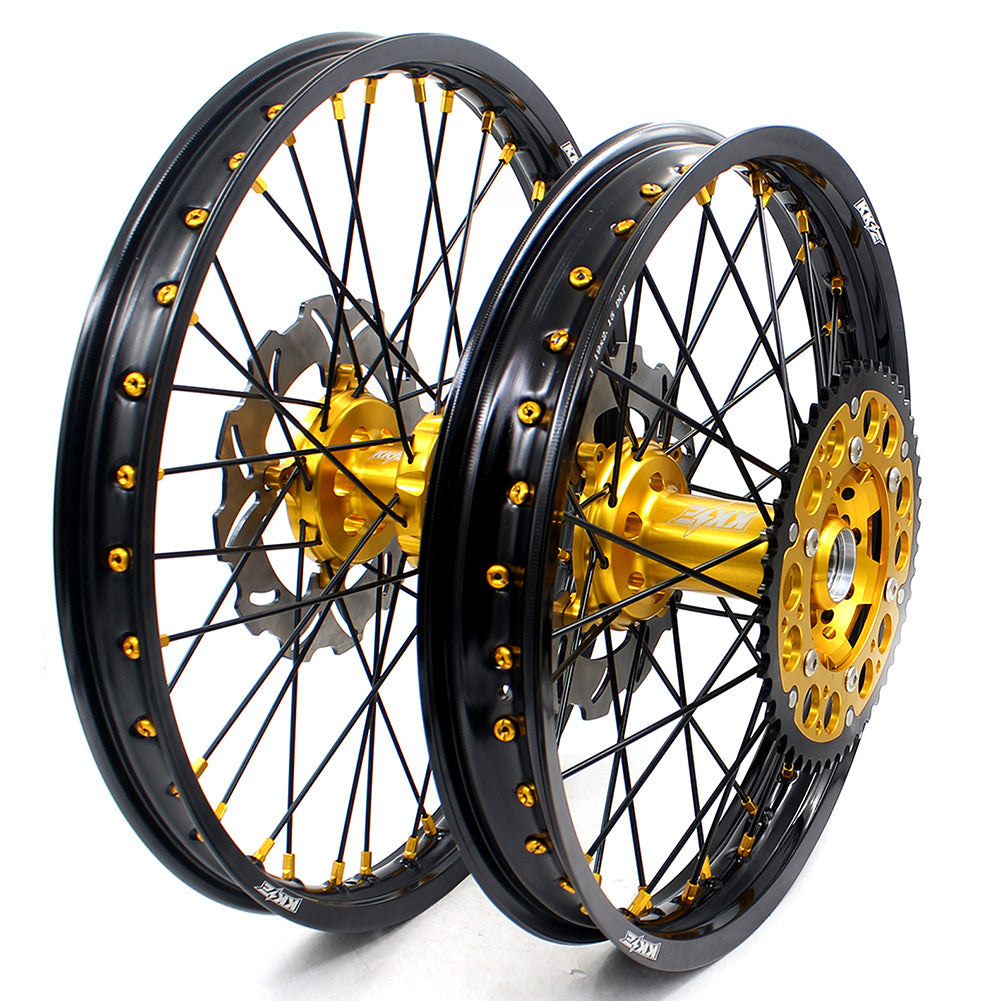 KKE FRONT 1.6*21 REAR 2.15*19 MX WHEELS RIMS SET FOR SUZUKI RMZ250 07-19 RMZ450 05-19 GOLD NIPPLE BLACK SPOKE - KKE Racing