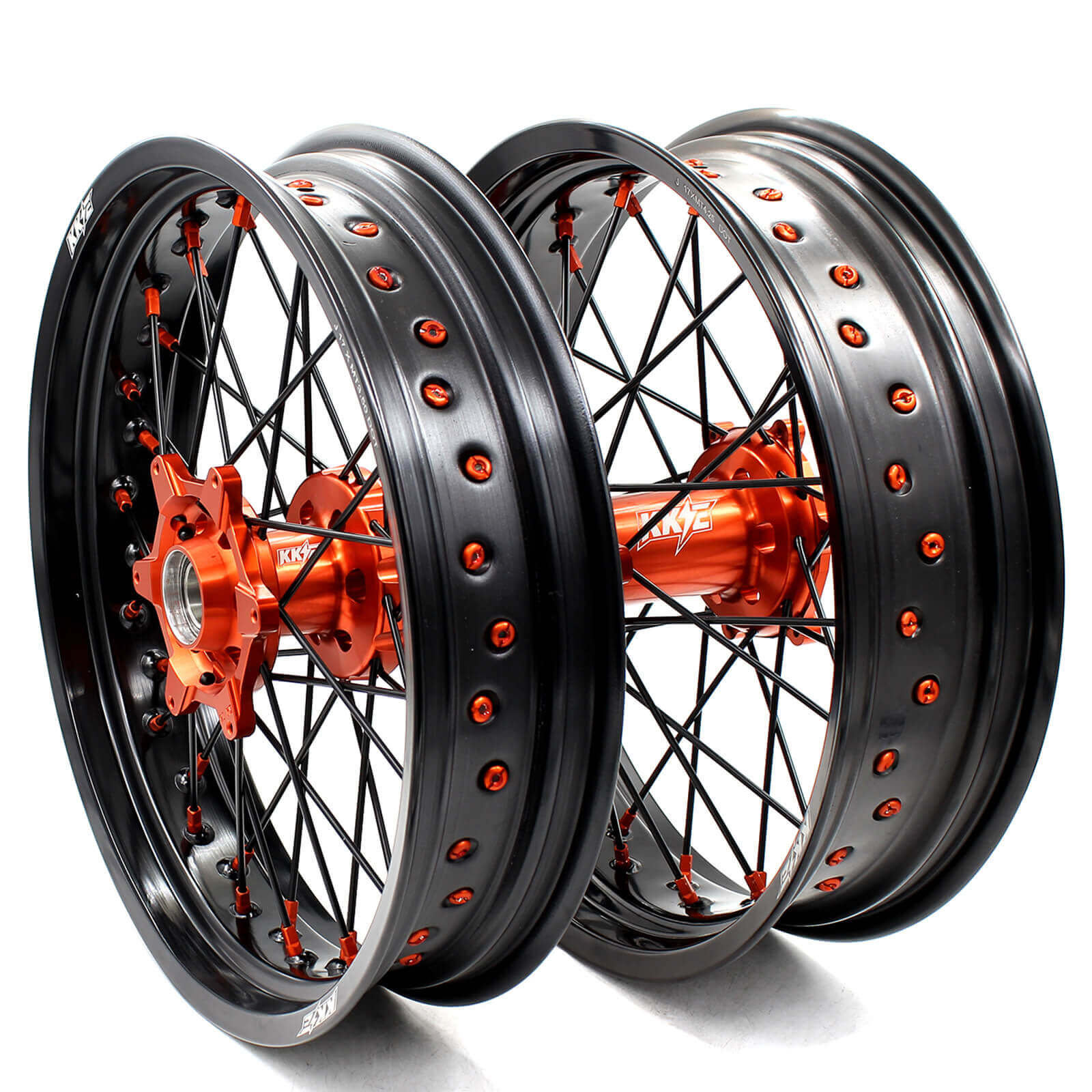 KKE 3.5/4.25 CNC SUPERMOTO WHEELS SET FOR KTM 125-530 2003-2019 ORANGE NIPPLE BLACK SPOKE - KKE Racing