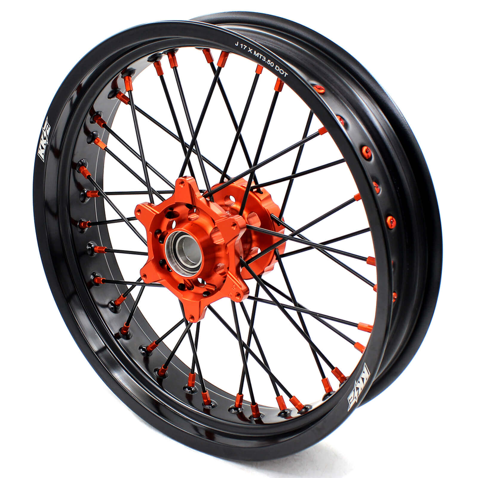 KKE 3.5/4.25 CNC SUPERMOTO WHEELS SET FOR KTM 125-530 2003-2019 ORANGE NIPPLE BLACK SPOKE - KKE Racing