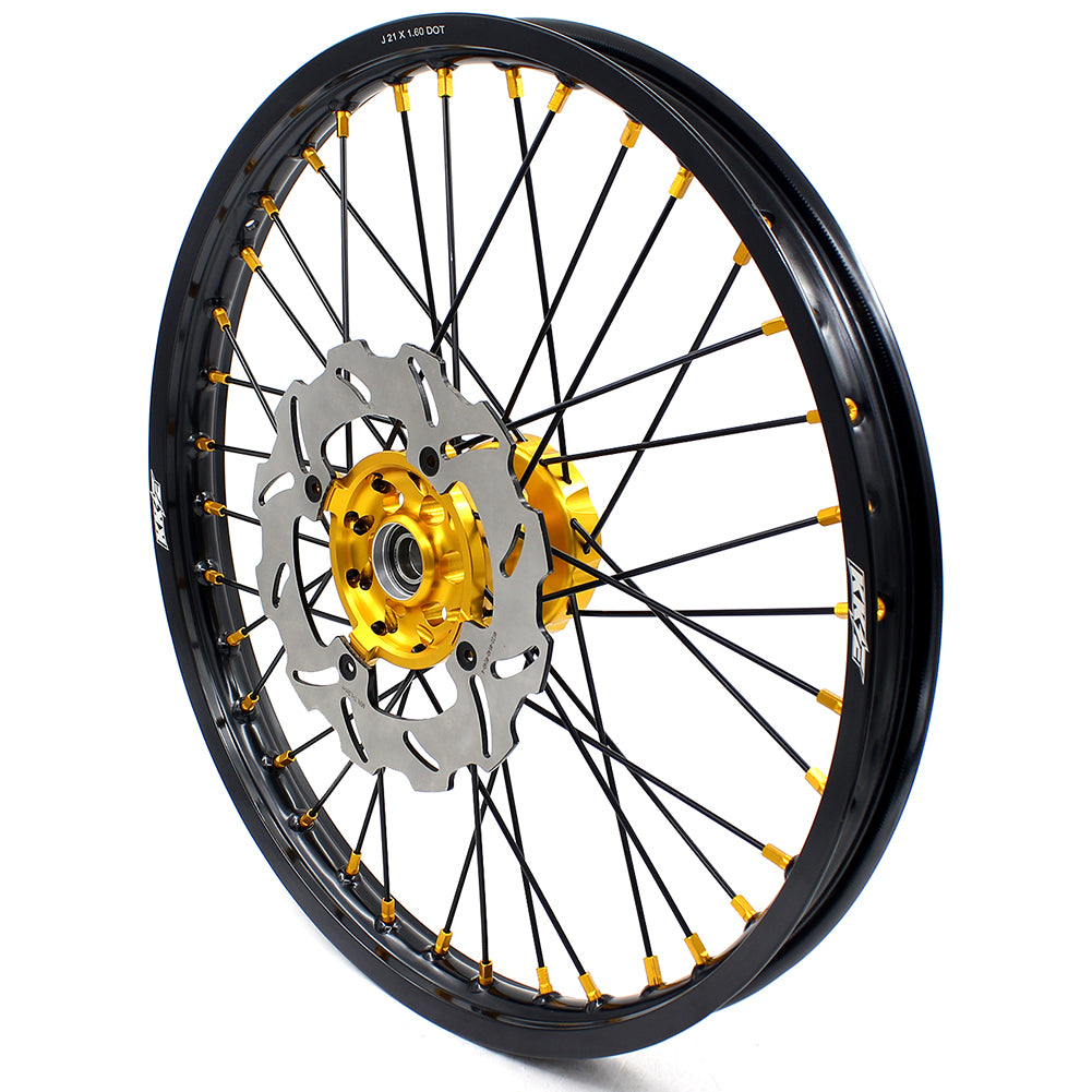 KKE FRONT 1.6*21 REAR 2.15*19 MX WHEELS RIMS SET FOR SUZUKI RMZ250 07-19 RMZ450 05-19 GOLD NIPPLE BLACK SPOKE - KKE Racing