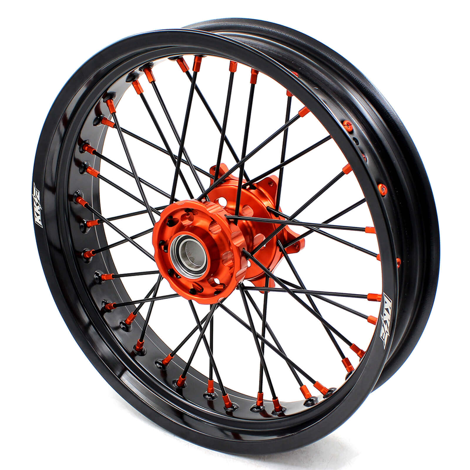 KKE 3.5/4.25 CNC SUPERMOTO WHEELS SET FOR KTM 125-530 2003-2019 ORANGE NIPPLE BLACK SPOKE - KKE Racing