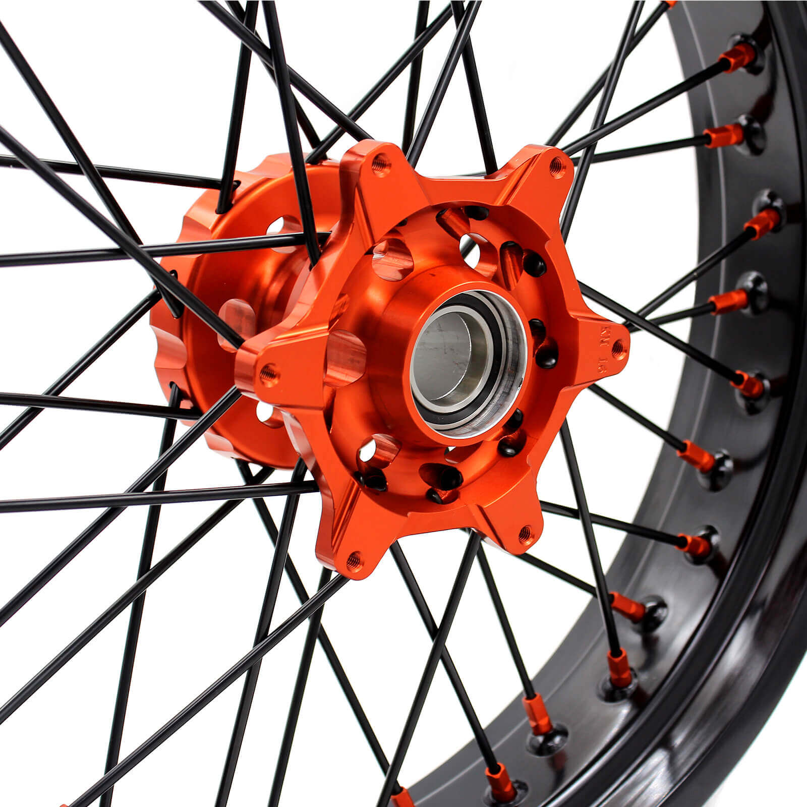 KKE 3.5/4.25 CNC SUPERMOTO WHEELS SET FOR KTM 125-530 2003-2019 ORANGE NIPPLE BLACK SPOKE - KKE Racing