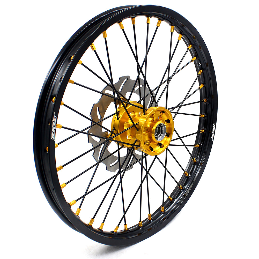 KKE FRONT 1.6*21 REAR 2.15*19 MX WHEELS RIMS SET FOR SUZUKI RMZ250 07-19 RMZ450 05-19 GOLD NIPPLE BLACK SPOKE - KKE Racing