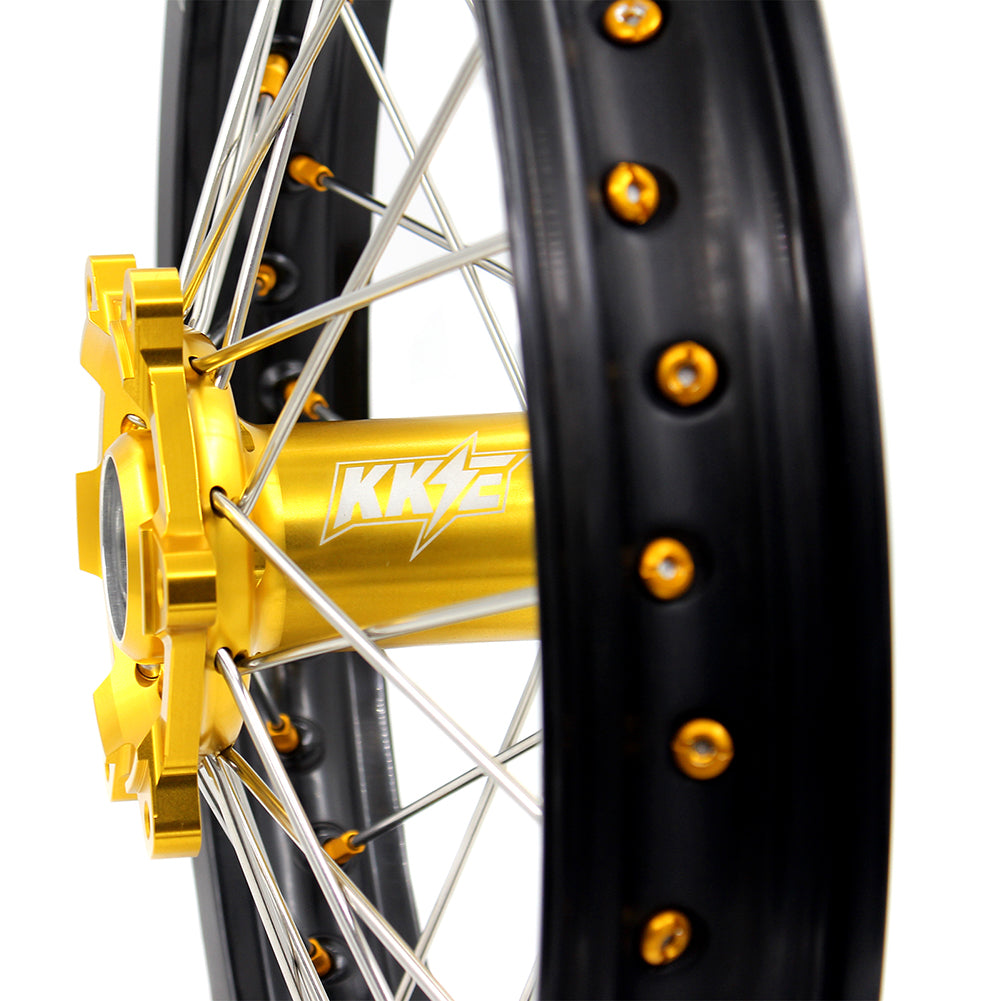 KKE FRONT 1.6*21 INCH REAR 2.15*18 INCH ENDURO WHEELS SET FOR SUZUKI DRZ400 00-04 DRZ400E 00-07 DRZ400S 00-18 GOLD NIPPLE BLACK SPOKE - KKE Racing