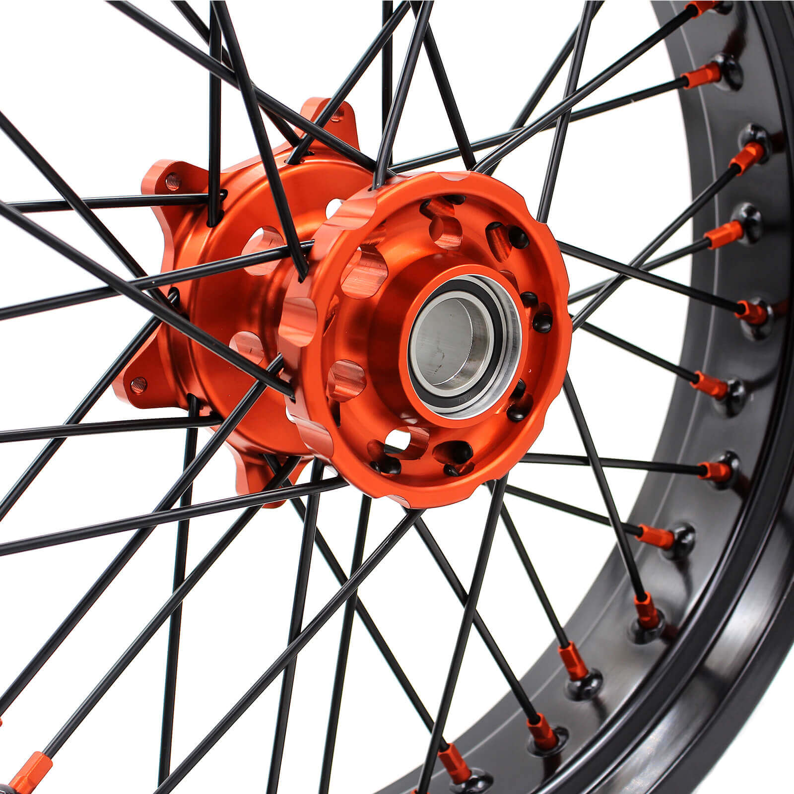 KKE 3.5/4.25 CNC SUPERMOTO WHEELS SET FOR KTM 125-530 2003-2019 ORANGE NIPPLE BLACK SPOKE - KKE Racing