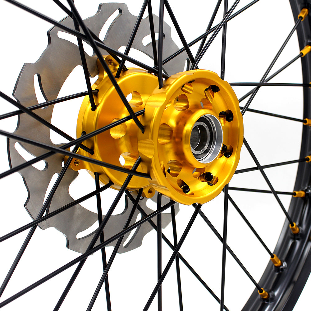 KKE FRONT 1.6*21 REAR 2.15*19 MX WHEELS RIMS SET FOR SUZUKI RMZ250 07-19 RMZ450 05-19 GOLD NIPPLE BLACK SPOKE - KKE Racing