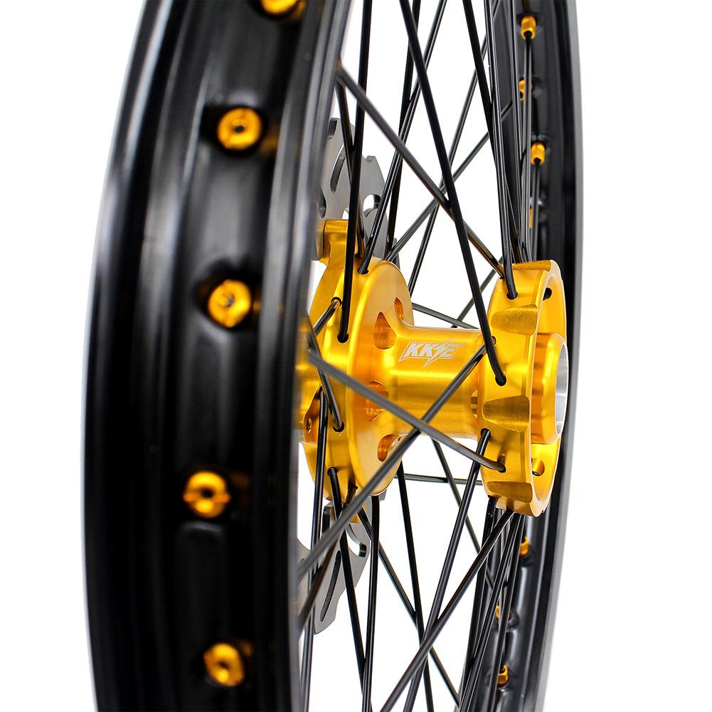 KKE FRONT 1.6*21 REAR 2.15*19 MX WHEELS RIMS SET FOR SUZUKI RMZ250 07-19 RMZ450 05-19 GOLD NIPPLE BLACK SPOKE - KKE Racing